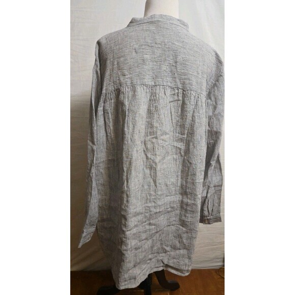 Eileen Fisher Size XL Shirt Crinkled Organic Linen Stripe Mandarin Collar Long - Picture 3 of 6